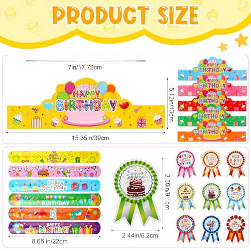 Yunsailing 108 Pcs Happy Birthday Party Supplies for Kids Include 36 Birthday Paper Crowns 36 Badge Stickers and Slap Bracelets for Classroom School Party SupplyBright Color - Image 5