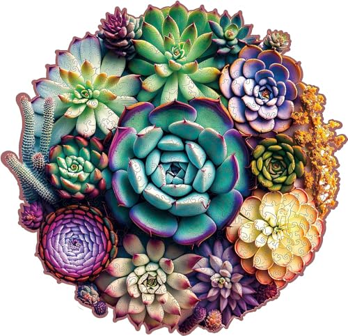 Mys Aurora Unique Wooden Jigsaw Puzzles Mandala Succulent Plants 500 Pcs King Size 169 x 163 Luxurious Shaped Wood Puzzle Beautiful Package Best Gift for Adults and Kids Family Game - Image 1