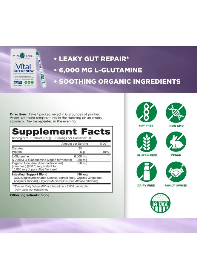 Vital Planet Vital Planet - Vital Gut Renew Powder Supplement for Leaky Gut Repair with L-Glutamine, Marshmallow and Ginger Root, DGL Licorice Root and Organic Aloe Vera, L Glutamine 6000mg, 20 Single Serve Packs - Image 2