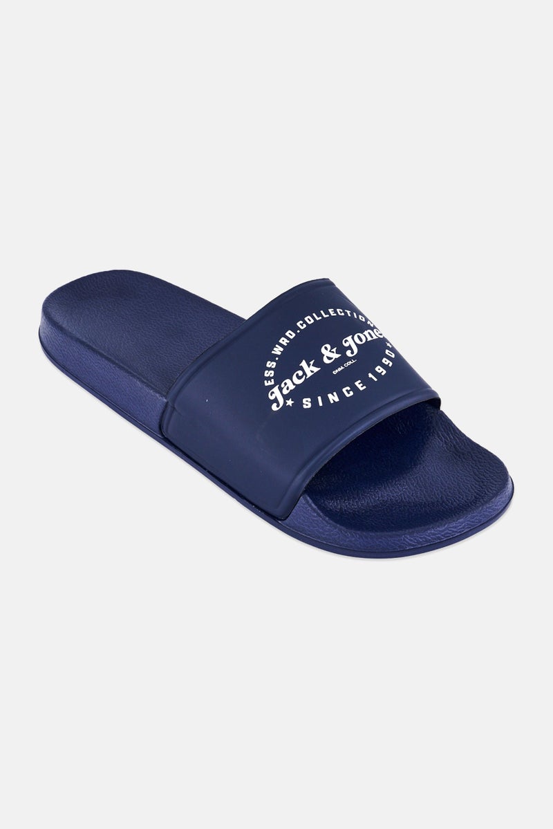 JACK & JONES Men Brand Logo Slip On Slides, Navy - Image 1