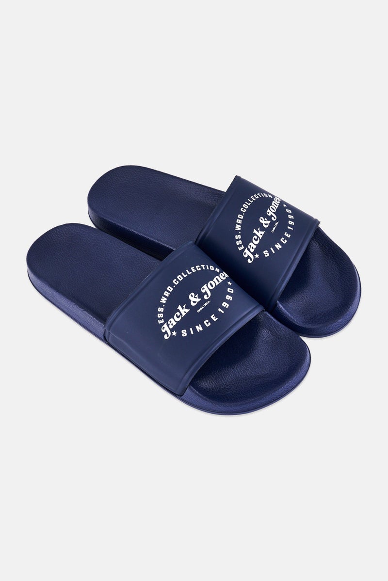 JACK & JONES Men Brand Logo Slip On Slides, Navy - Image 4
