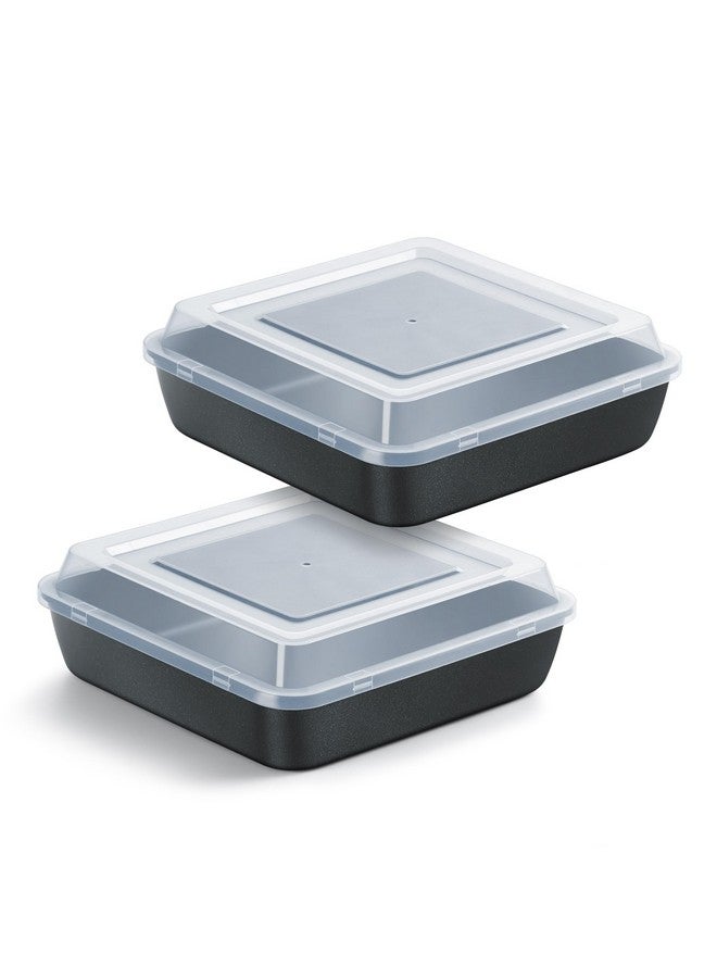 E-far طقم صينية خبز مربعة 8x8 بوصة مع غطاء، صواني كعك مربعة غير لاصقة، أدوات خبز معدنية لطهي اللازانيا والبراونيز في الفرن، نواة من الفولاذ المقاوم للصدأ وإطلاق سهل، 4 قطع (2 صينية + 2 غطاء) - Image 1