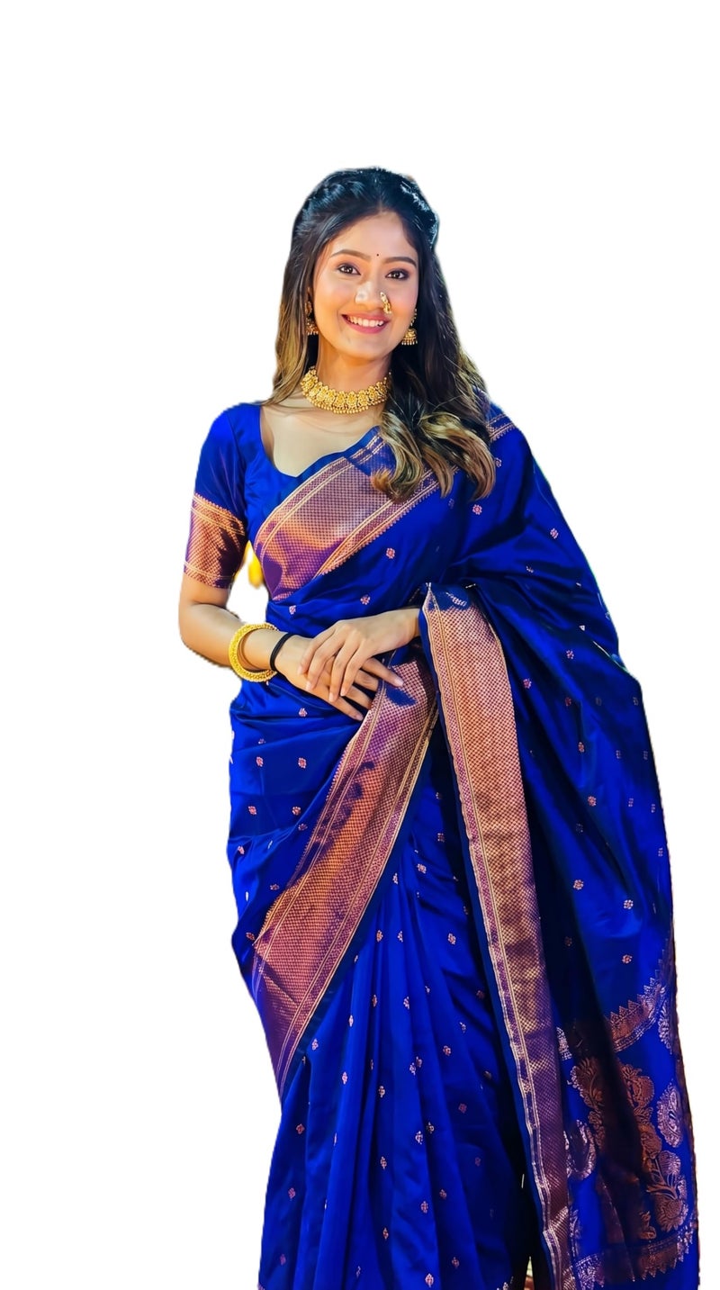 C J Enterprise Women's Banarasi Saree Pure Kanjivaram Silk Saree Soft Design Wear Pattu Sarees Latest Cotton With Blouse Piece Kanchipuram for Wedding sadi new ladies 2025 (BS09) (Violet Blue) - Image 1