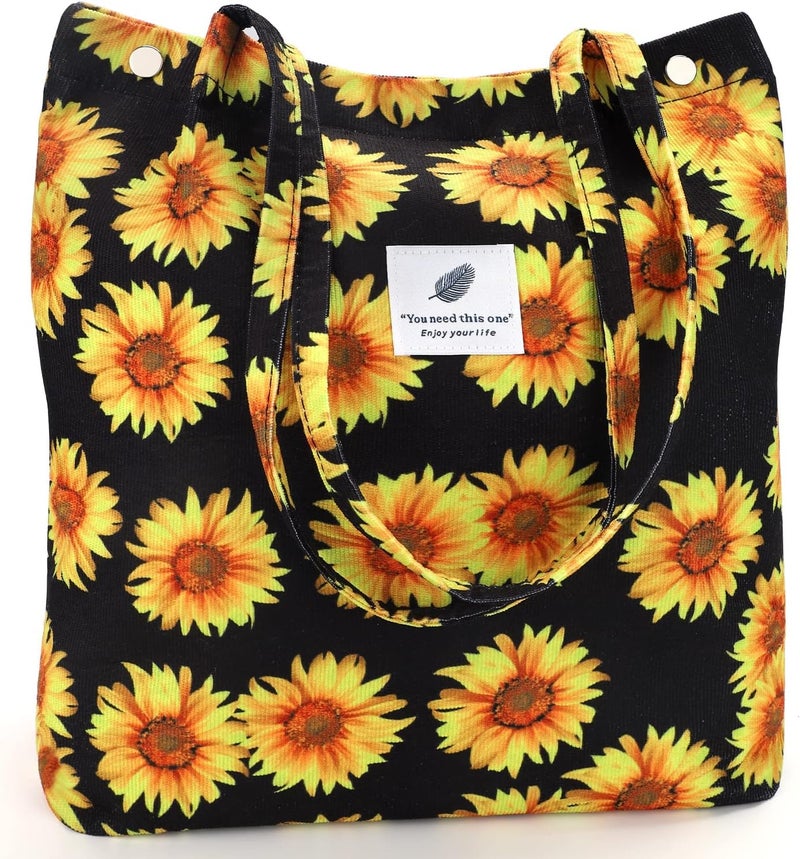 Kawn® Corduroy Tote Bag Aesthetic Cute Canvas Tote Bags for Women Washable Shoulder Bag with Inner Pocket for Go-to Everyday Bag for Work Beach Travel and Shopping Grocery (Sunflower) - Image 1
