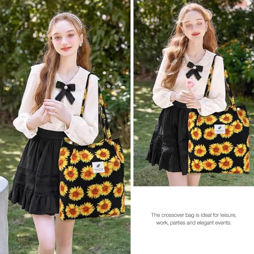 Kawn® Corduroy Tote Bag Aesthetic Cute Canvas Tote Bags for Women Washable Shoulder Bag with Inner Pocket for Go-to Everyday Bag for Work Beach Travel and Shopping Grocery (Sunflower) - Image 5