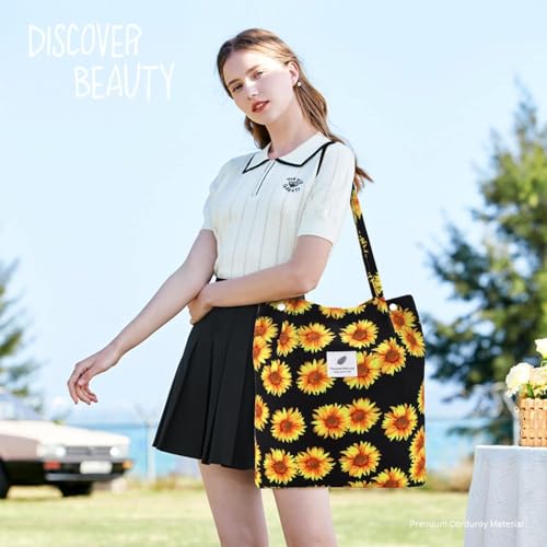 Kawn® Corduroy Tote Bag Aesthetic Cute Canvas Tote Bags for Women Washable Shoulder Bag with Inner Pocket for Go-to Everyday Bag for Work Beach Travel and Shopping Grocery (Sunflower) - Image 2
