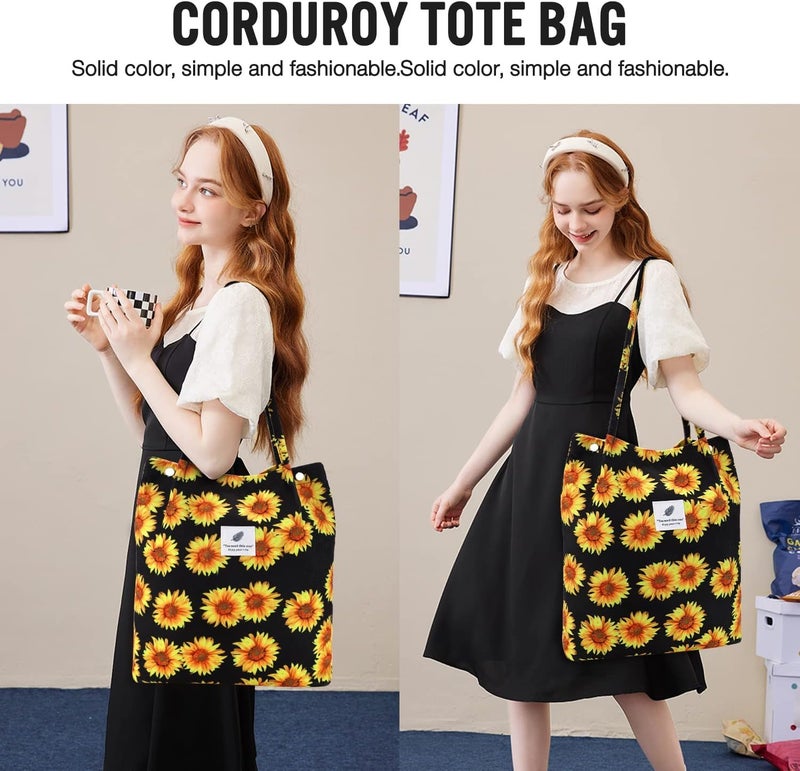 Kawn® Corduroy Tote Bag Aesthetic Cute Canvas Tote Bags for Women Washable Shoulder Bag with Inner Pocket for Go-to Everyday Bag for Work Beach Travel and Shopping Grocery (Sunflower) - Image 3