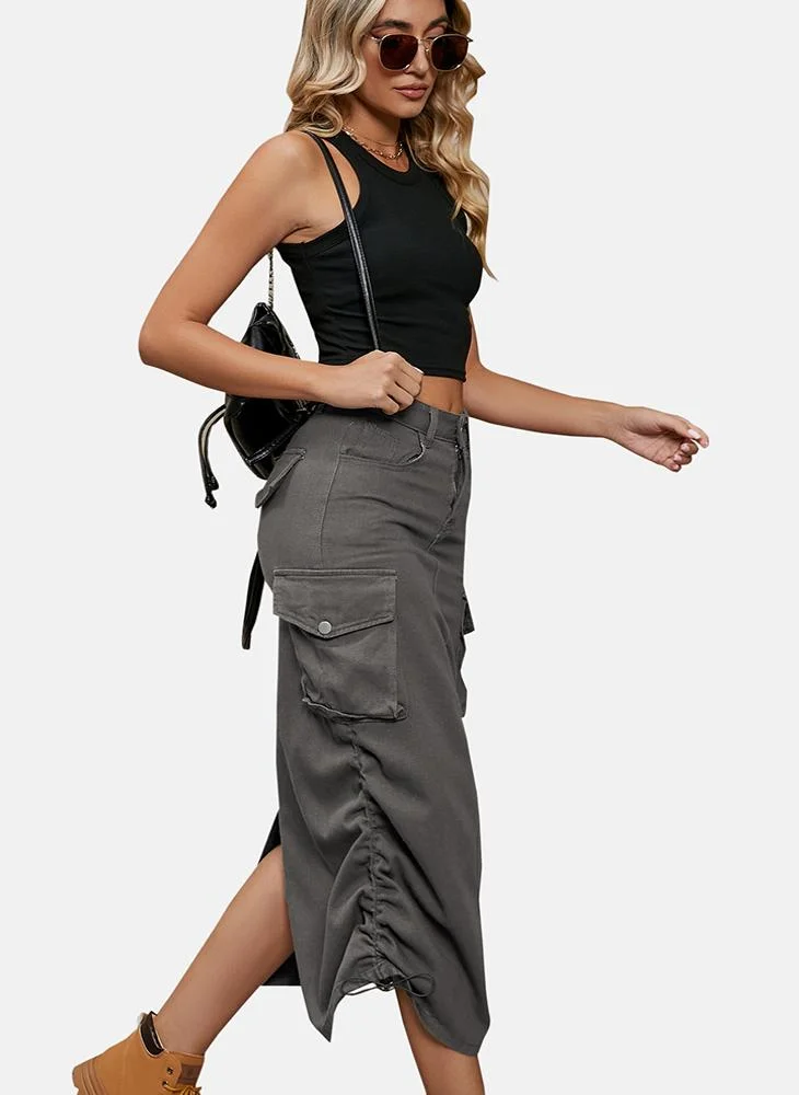 YUNIQEE Grey Mid Rise Plain Midi Skirt