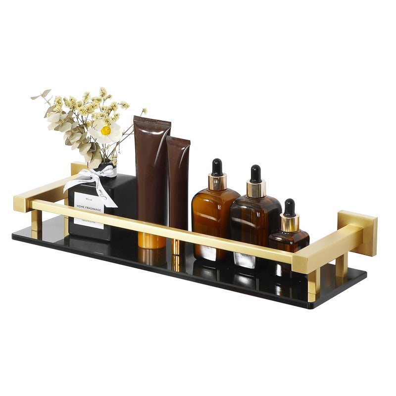 Alise Bathroom Glass Shelf with Stainless Steel Railing Gold Small Tempered Glass Floating Wall Shelf Over The Toilet 16 inch