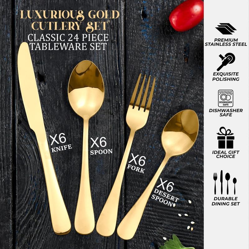 Artek 24-Piece Stainless Steel Flatware Cutlery Set for 6 | with Spoons, Forks, Knives & Teaspoons | for Weddings, Anniversaries, Dining Table & Home Kitchen - Image 2