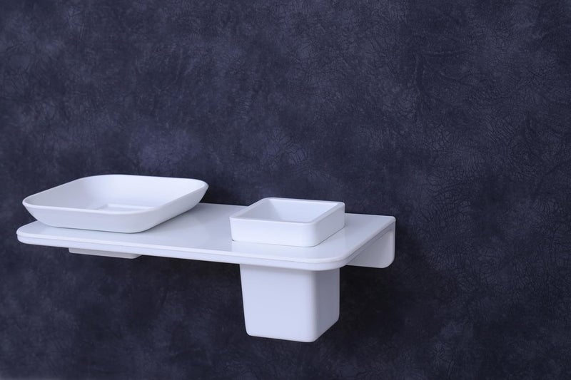 RAYNO Small Square Cup Soap Holder Soap Stand Soap Dish Wall Mounted Items for Bathroom Accessories Soap Dish with Glass Bathroom Accessories Set of 1 (with Screw) (White) - Image 1