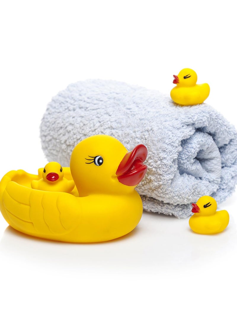 VIUAUAX مجموعة ألعاب استحمام على شكل بطة من 4 قطع، ألعاب استحمام للأطفال على شكل بطة جميلة، ألعاب مائية ناعمة عائمة على شكل بطة، مجموعة ألعاب استحمام عائلية على شكل بطة تطفو على الماء. - Image 2