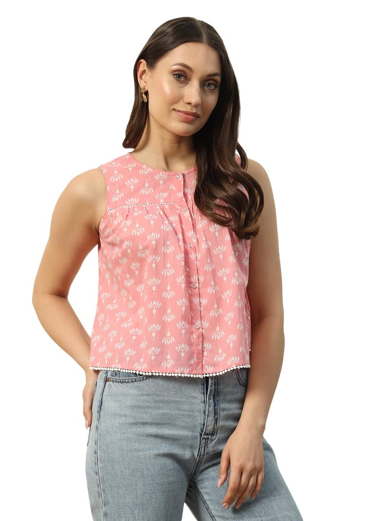 FIORRA Women's Baby Pink Floral Cotton Top with Lace Detail TOP012 - Image 1