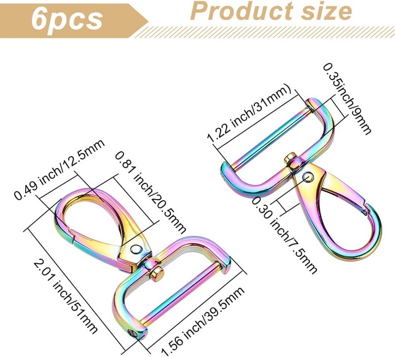 klarako 6pcs Metal Rainbow Swivel Lobster Clasp Claw, Detachable Colorful Swivel Lanyard Snap Hook with D Ring 1.2 Inch Trigger Push Gate Clip Keychain Purse Hardware for Strap Jewelry Crafts Dog Leash - Image 2