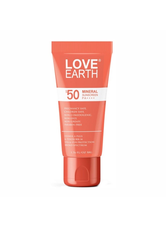 Love Earth Mineral Sunscreen SPF 50 PA++++| No White Cast | UV Protection | Non-Oily | Non-Greasy | Paraben-Free | All Skin Types | For Women & Men | Safe for pregnant and lactating women | 50g - Image 2
