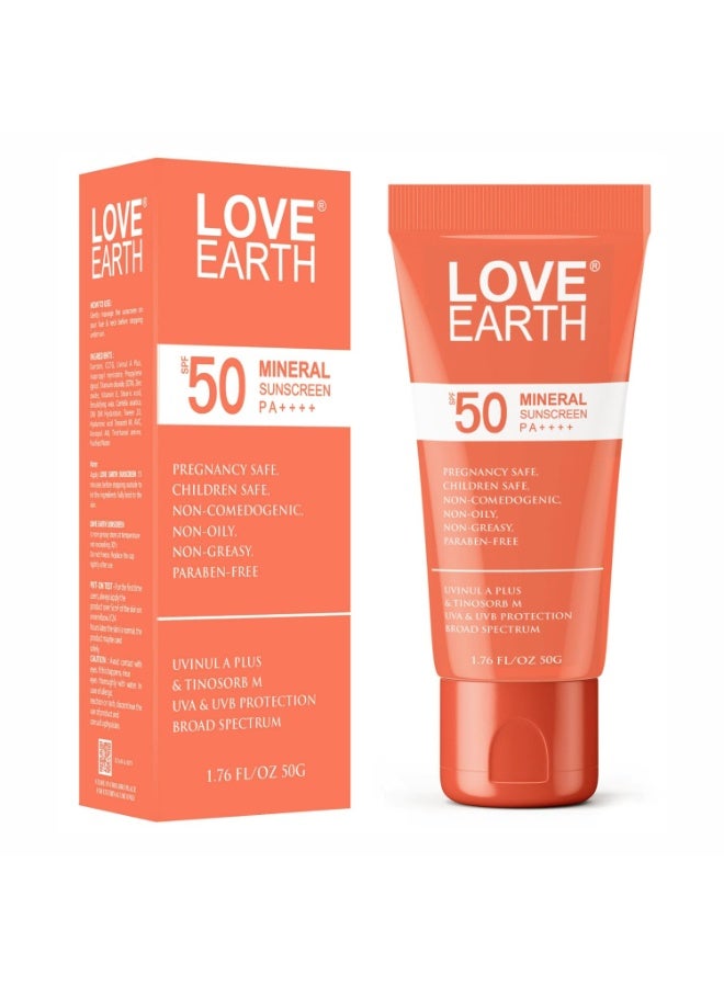 Love Earth Mineral Sunscreen SPF 50 PA++++| No White Cast | UV Protection | Non-Oily | Non-Greasy | Paraben-Free | All Skin Types | For Women & Men | Safe for pregnant and lactating women | 50g - Image 1