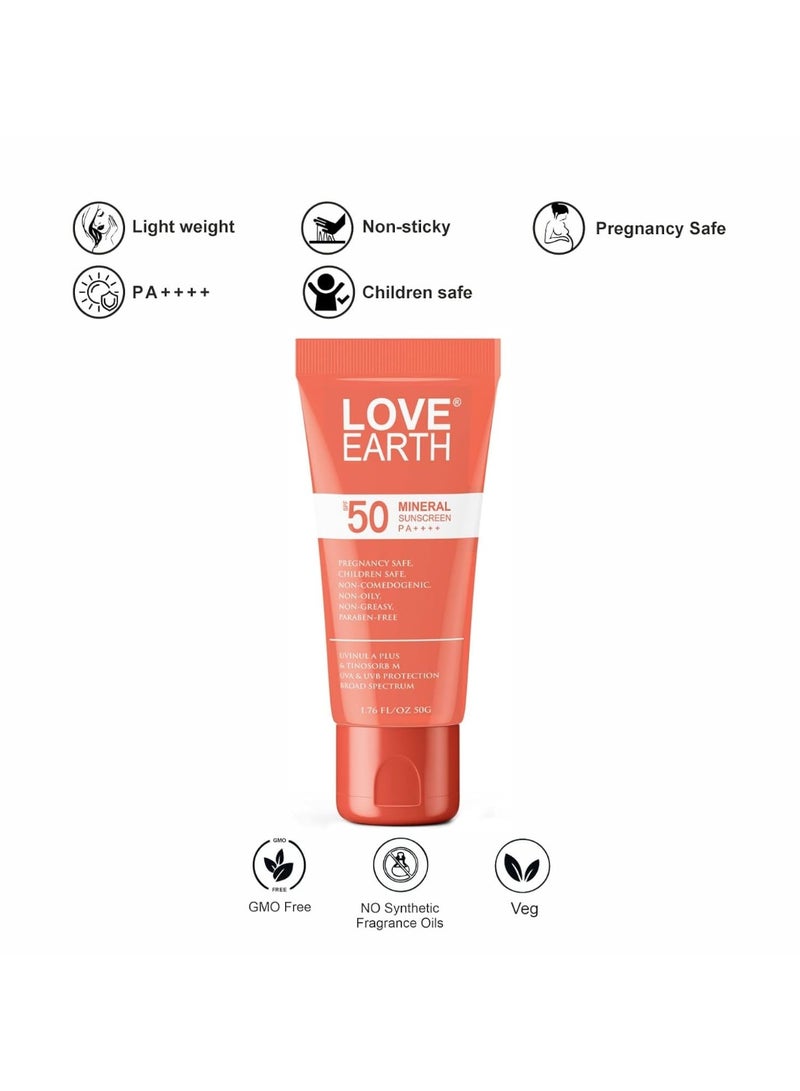 Love Earth Mineral Sunscreen SPF 50 PA++++| No White Cast | UV Protection | Non-Oily | Non-Greasy | Paraben-Free | All Skin Types | For Women & Men | Safe for pregnant and lactating women | 50g - Image 3
