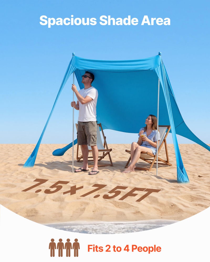 VEVOR Beach Tent Sun Shelter, UPF50+ Sun Protection, 6.6 ft Tall, 7.5x7.5 ft, Easy Pop Up Beach Canopy with Sandbags, Stability Poles, Sand Shovels, Portable Shade for Family Outings, Camping, Fishing - Image 2