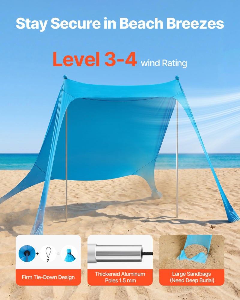 VEVOR Beach Tent Sun Shelter, UPF50+ Sun Protection, 6.6 ft Tall, 7.5x7.5 ft, Easy Pop Up Beach Canopy with Sandbags, Stability Poles, Sand Shovels, Portable Shade for Family Outings, Camping, Fishing - Image 4