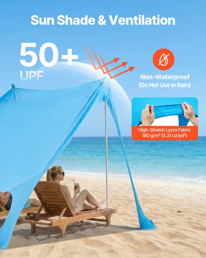 VEVOR Beach Tent Sun Shelter, UPF50+ Sun Protection, 6.6 ft Tall, 7.5x7.5 ft, Easy Pop Up Beach Canopy with Sandbags, Stability Poles, Sand Shovels, Portable Shade for Family Outings, Camping, Fishing - Image 3