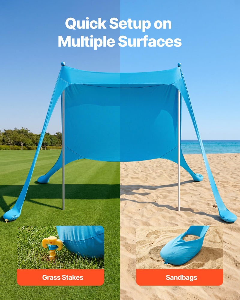 VEVOR Beach Tent Sun Shelter, UPF50+ Sun Protection, 6.6 ft Tall, 7.5x7.5 ft, Easy Pop Up Beach Canopy with Sandbags, Stability Poles, Sand Shovels, Portable Shade for Family Outings, Camping, Fishing - Image 5
