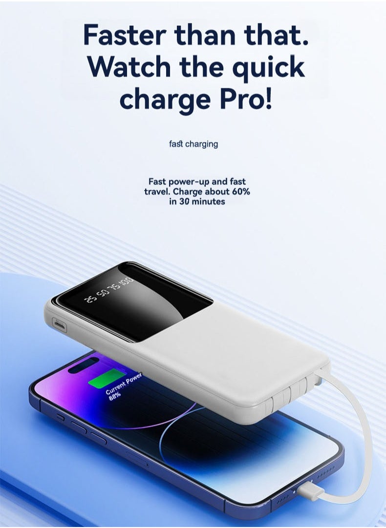 JEEJPV Power Bank 10000mAh Large Capacity Power Bank Portable Half Screen LED Display Comes with Cable White  - Image 1