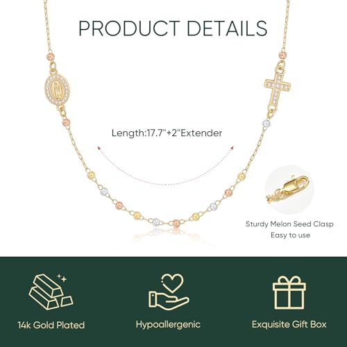 XUANPAI Gold Rosary Beads Cross Necklace - 14k Gold Plated Virgin Mary Necklaces,Non Tarnish Golden Catholic Virgen de Guadalupe Choker Jewelry,Religious Rosarios Catolicos Baptism Confirmation Gift for Women - Image 4