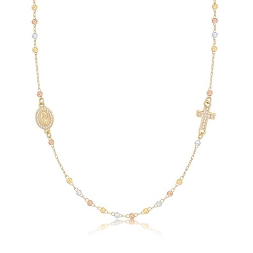 XUANPAI Gold Rosary Beads Cross Necklace - 14k Gold Plated Virgin Mary Necklaces,Non Tarnish Golden Catholic Virgen de Guadalupe Choker Jewelry,Religious Rosarios Catolicos Baptism Confirmation Gift for Women - Image 1