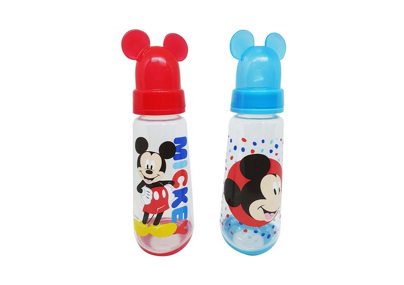 Disney Cudlie Mickey Mouse Baby Boy 2 Pack of 9 Oz Bottles with Removeable Character Molded Lid in Baby Mickey Star Print in Red & Blue - Image 2
