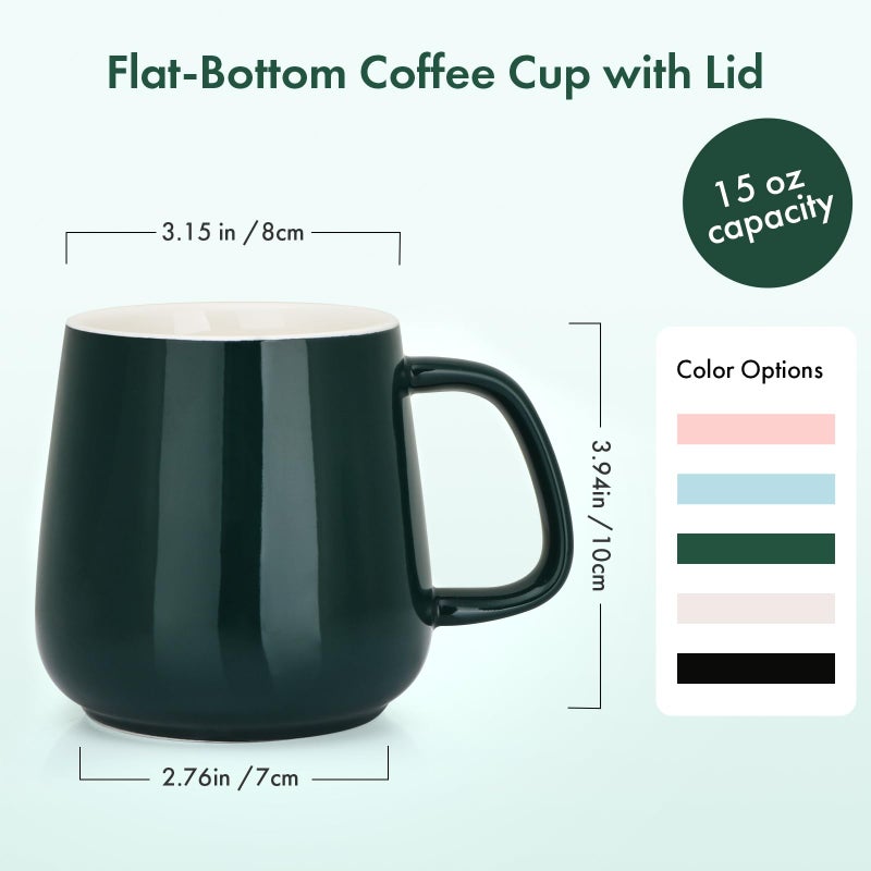 VOBAGA 15oz Ceramic Coffee Mug with Lid and Flat-Bottom, Morning Coffee Mug for Daily Use Warming Coffee & Tea (Green) - Image 3