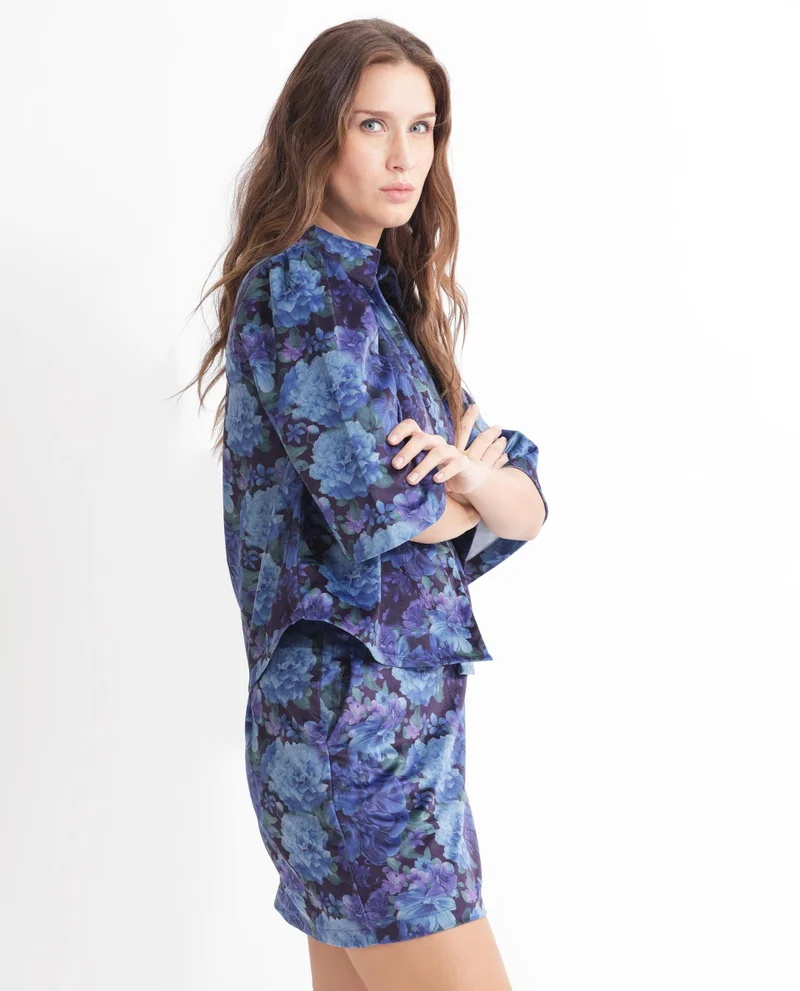 Rareism Women's Velvet Floral Print Shirt Collar Top