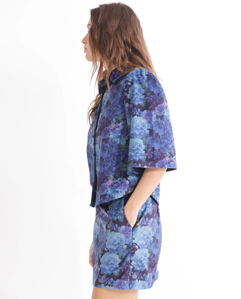 Rareism Women's Velvet Floral Print Shirt Collar Top
