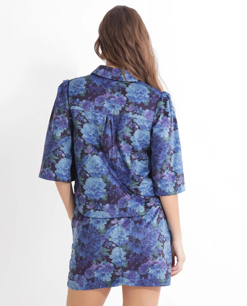 Rareism Women's Velvet Floral Print Shirt Collar Top