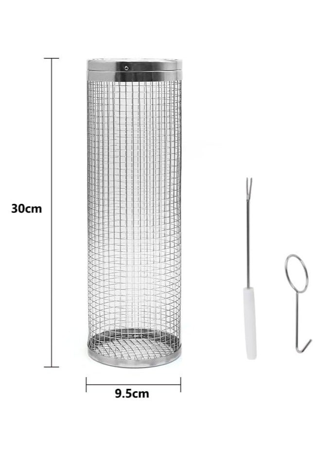 Raxoom Rolling Grilling Basket, Wire Mesh Cylinder Grill Basket,Round Vegetable Grill Rack,Portable Outdoor Camping Barbecue Rack 30x9.5cm with fork and hook - Image 3