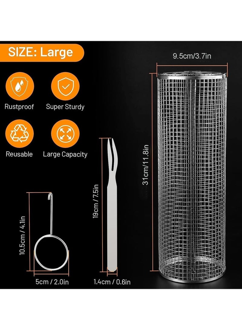 Raxoom Rolling Grilling Basket, Wire Mesh Cylinder Grill Basket,Round Vegetable Grill Rack,Portable Outdoor Camping Barbecue Rack 30x9.5cm with fork and hook - Image 2