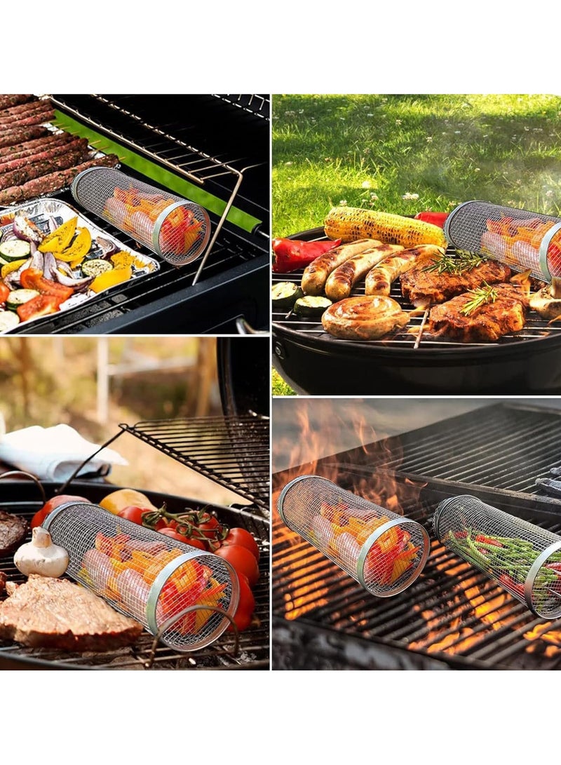Raxoom Rolling Grilling Basket, Wire Mesh Cylinder Grill Basket,Round Vegetable Grill Rack,Portable Outdoor Camping Barbecue Rack 30x9.5cm with fork and hook - Image 4
