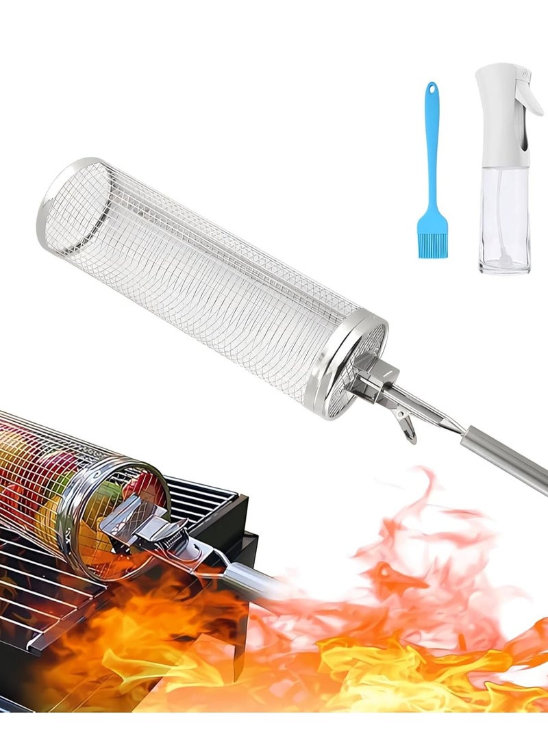 Raxoom Rolling Grilling Basket, Wire Mesh Cylinder Grill Basket,Round Vegetable Grill Rack,Portable Outdoor Camping Barbecue Rack 30x9.5cm with fork and hook - Image 1