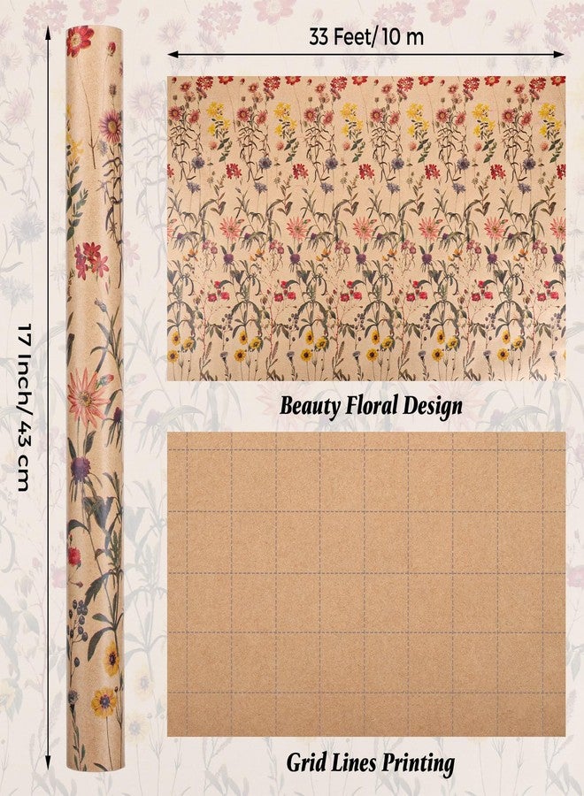woric Floral Wrapping Paper Roll 17 Inch x 33 Feet Kraft Wildflower Gift Wrapping Paper for Women Girls, Mother's Day, Bridal Shower, Wedding, Baby Shower, Birthday, Spring Party Gifts - Image 2