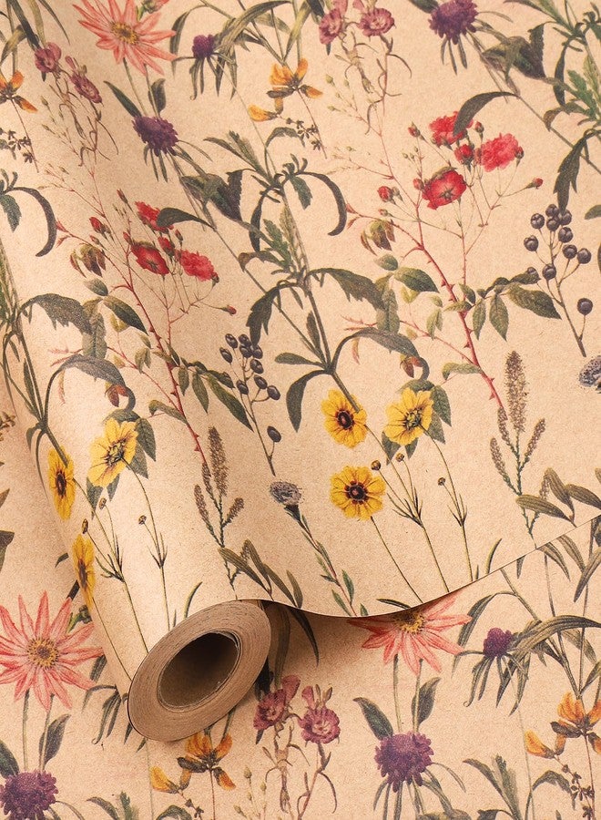 woric Floral Wrapping Paper Roll 17 Inch x 33 Feet Kraft Wildflower Gift Wrapping Paper for Women Girls, Mother's Day, Bridal Shower, Wedding, Baby Shower, Birthday, Spring Party Gifts - Image 1