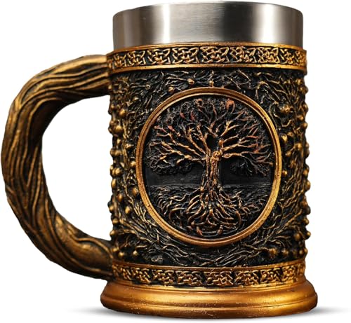 IELCJJ Original Handmade Viking Mug 20oz Yggdrasil Tree of Life Beer Tankard Stainless Steel Medieval Celtic Pirate Heavy Cup Norse Mythology Decor Gifts for Men Women - Image 1