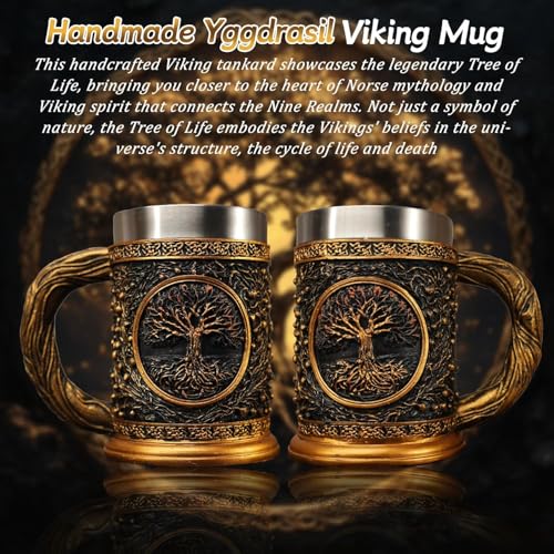 IELCJJ Original Handmade Viking Mug 20oz Yggdrasil Tree of Life Beer Tankard Stainless Steel Medieval Celtic Pirate Heavy Cup Norse Mythology Decor Gifts for Men Women - Image 3