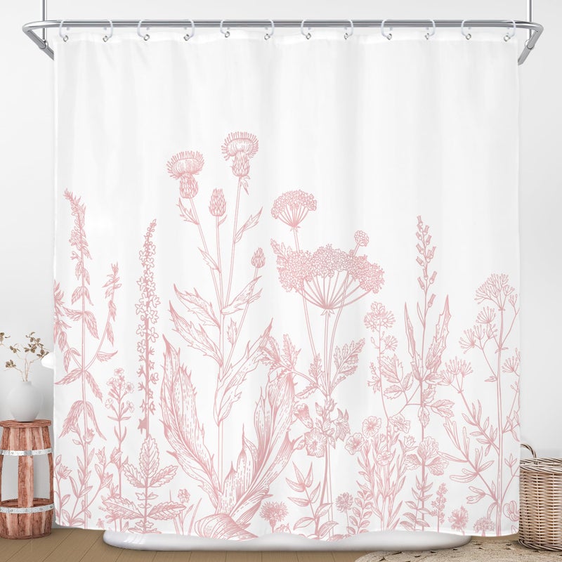 Riyidecor Pink Floral Wildflower Shower Curtain for Bathroom Decor 72Wx72H Girls Rustic Flower Botanical Farm Plant Leaves Herbs Nature Art Printed Fabric Polyester Waterproof 12 Pack Plastic Hooks - Image 1