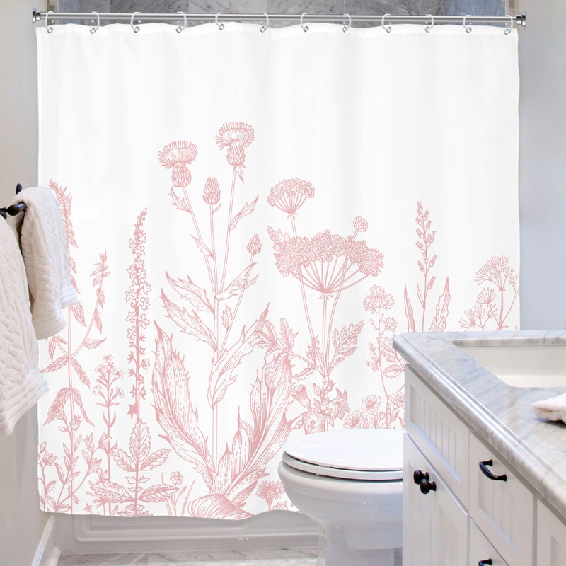 Riyidecor Pink Floral Wildflower Shower Curtain for Bathroom Decor 72Wx72H Girls Rustic Flower Botanical Farm Plant Leaves Herbs Nature Art Printed Fabric Polyester Waterproof 12 Pack Plastic Hooks - Image 4