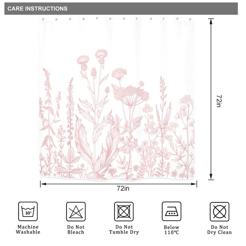 Riyidecor Pink Floral Wildflower Shower Curtain for Bathroom Decor 72Wx72H Girls Rustic Flower Botanical Farm Plant Leaves Herbs Nature Art Printed Fabric Polyester Waterproof 12 Pack Plastic Hooks - Image 5
