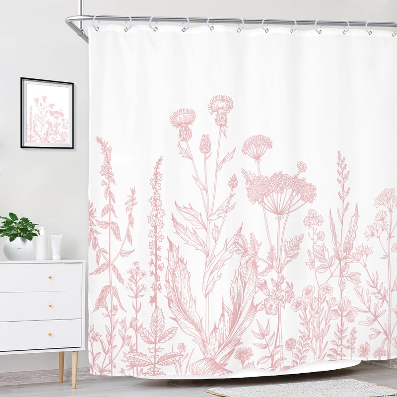 Riyidecor Pink Floral Wildflower Shower Curtain for Bathroom Decor 72Wx72H Girls Rustic Flower Botanical Farm Plant Leaves Herbs Nature Art Printed Fabric Polyester Waterproof 12 Pack Plastic Hooks - Image 3