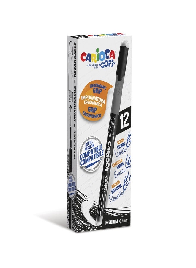 CARIOCA Oops Black Pens | Refillable Erasable Pens Set for School and Office with Cap, Double Eraser and Ergonomic Handle, Black Pens, 12 Pieces - Image 1