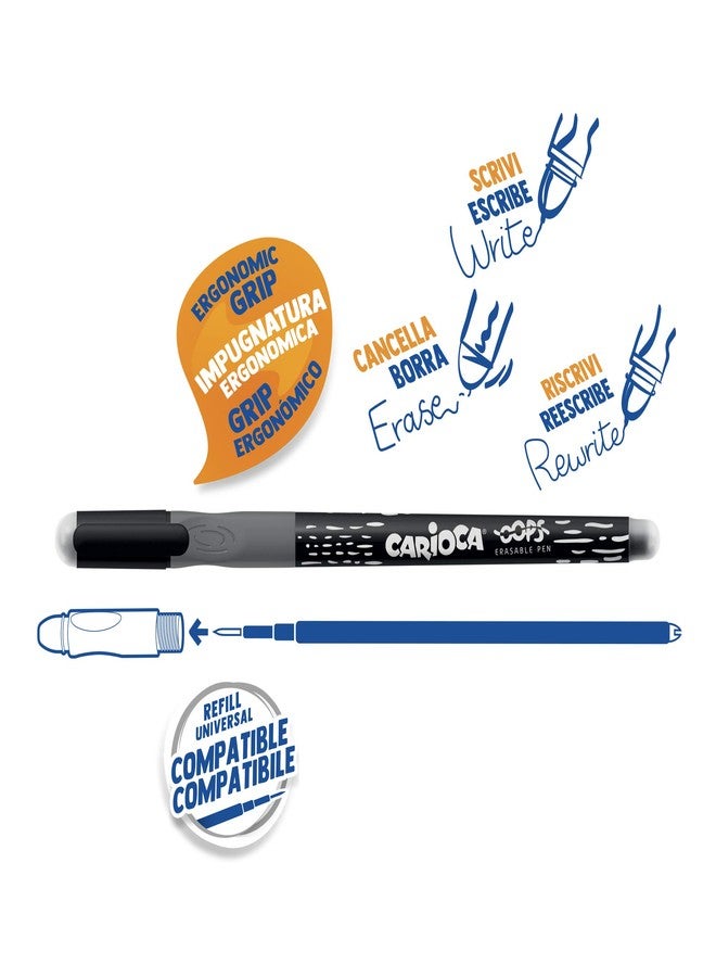 CARIOCA Oops Black Pens | Refillable Erasable Pens Set for School and Office with Cap, Double Eraser and Ergonomic Handle, Black Pens, 12 Pieces - Image 2