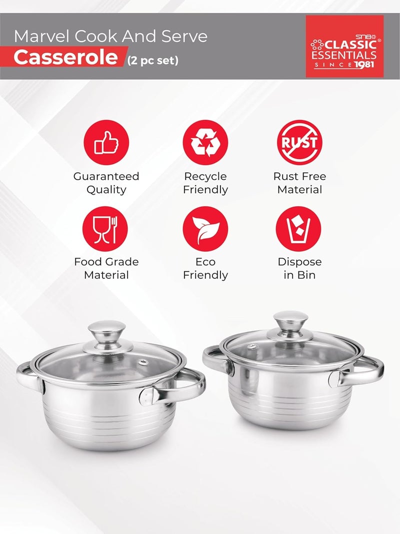 CLASSIC ESSENTIALS Stainless Steel Casserole with Glass Lid Pack of 2 1000ml Each Food Grade SS 304 Cooking Surface Induction Gas Compatible Sandwich Bottom Casserole Silver - Image 2