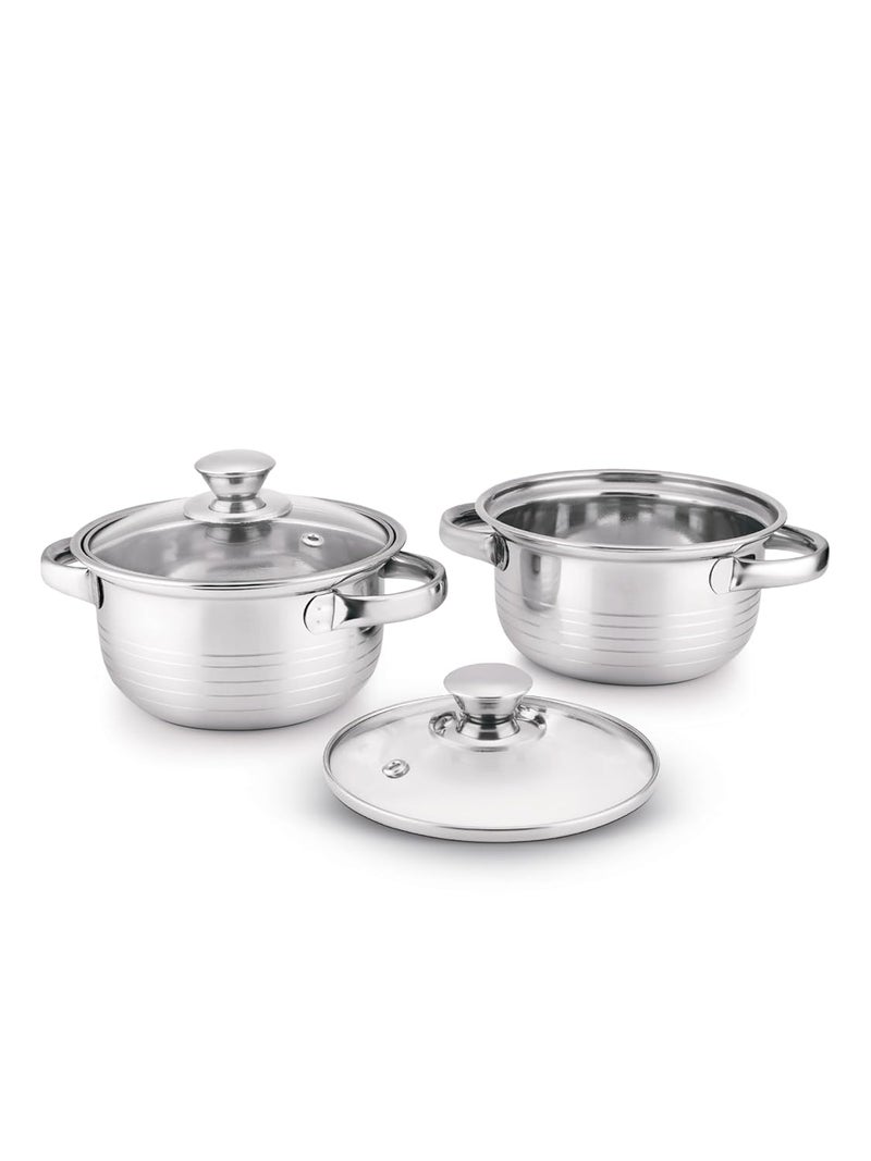 CLASSIC ESSENTIALS Stainless Steel Casserole with Glass Lid Pack of 2 1000ml Each Food Grade SS 304 Cooking Surface Induction Gas Compatible Sandwich Bottom Casserole Silver - Image 1