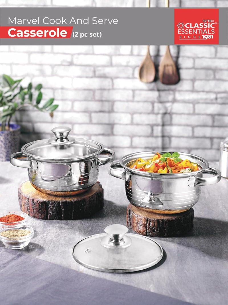 CLASSIC ESSENTIALS Stainless Steel Casserole with Glass Lid Pack of 2 1000ml Each Food Grade SS 304 Cooking Surface Induction Gas Compatible Sandwich Bottom Casserole Silver - Image 3